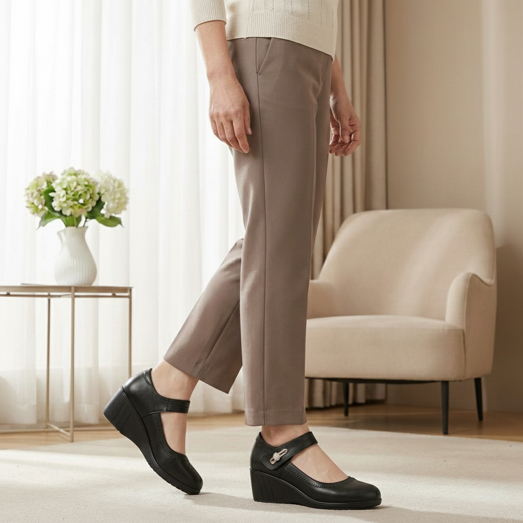 Side profile of the black Alana mid-heel comfort shoes, highlighting the ergonomic 1.5-inch heel and adjustable strap.