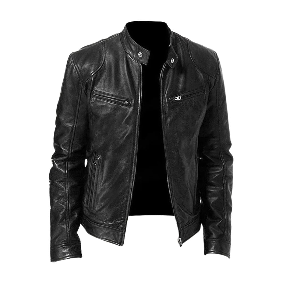 Front view of a black Alden men's leather jacket, showcasing its sleek design and premium texture.