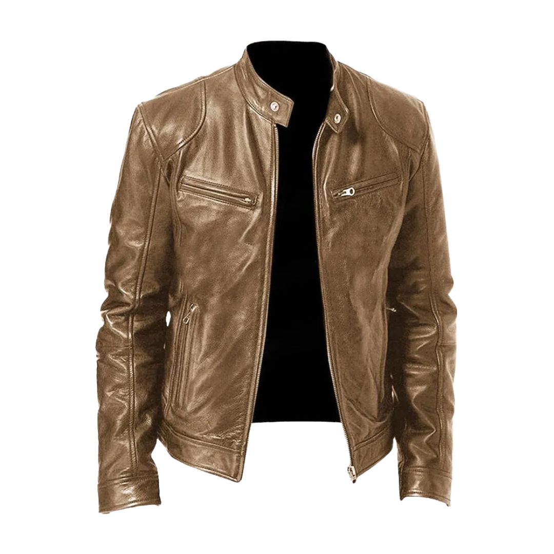 Interior lining detail of the dark brown Alden leather jacket, suggesting comfort and quality.