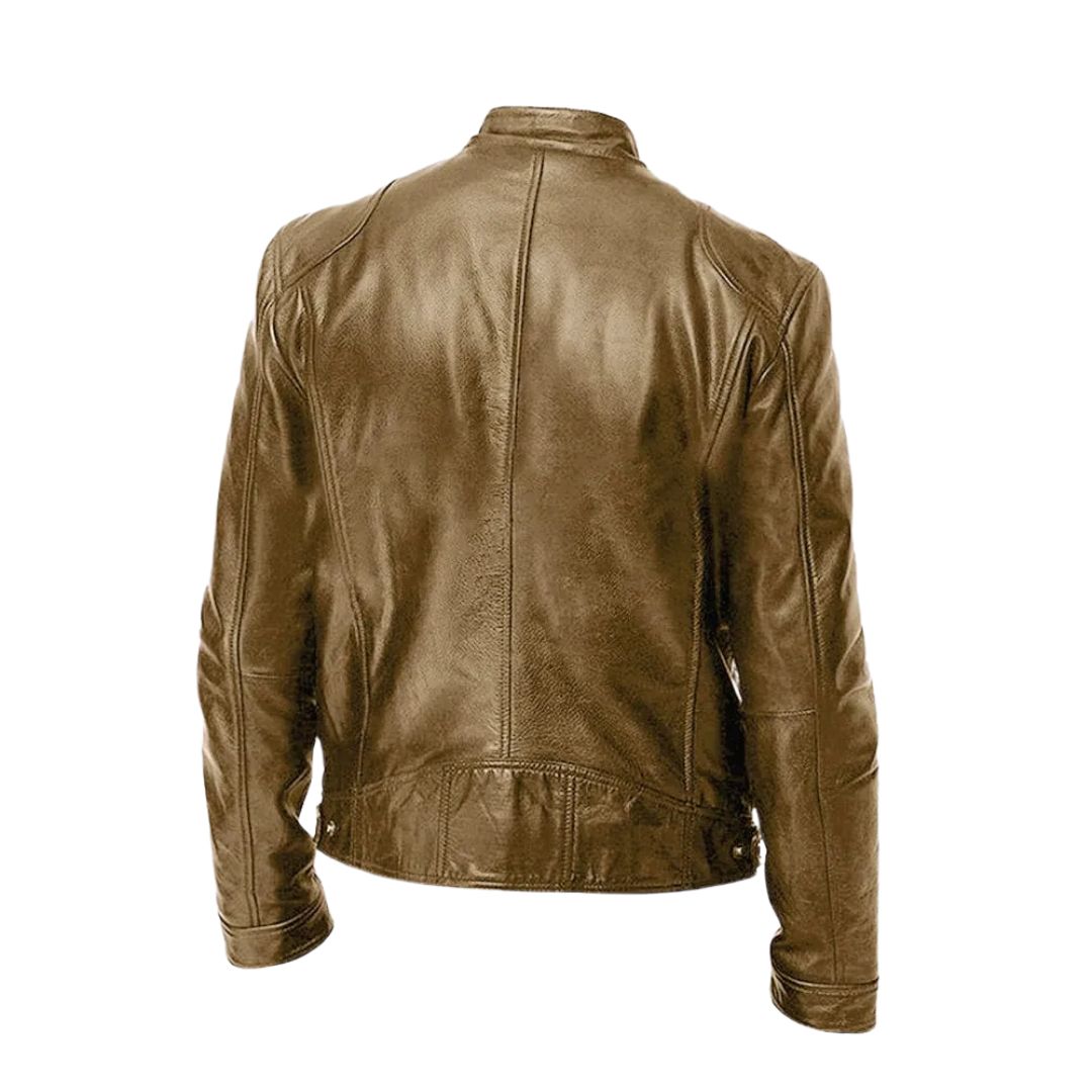 Alden men's leather jacket in dark green, styled with a simple t-shirt, for an effortlessly cool look.