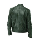 Khaki Alden leather jacket with visible stitching details, emphasizing its robust construction.
