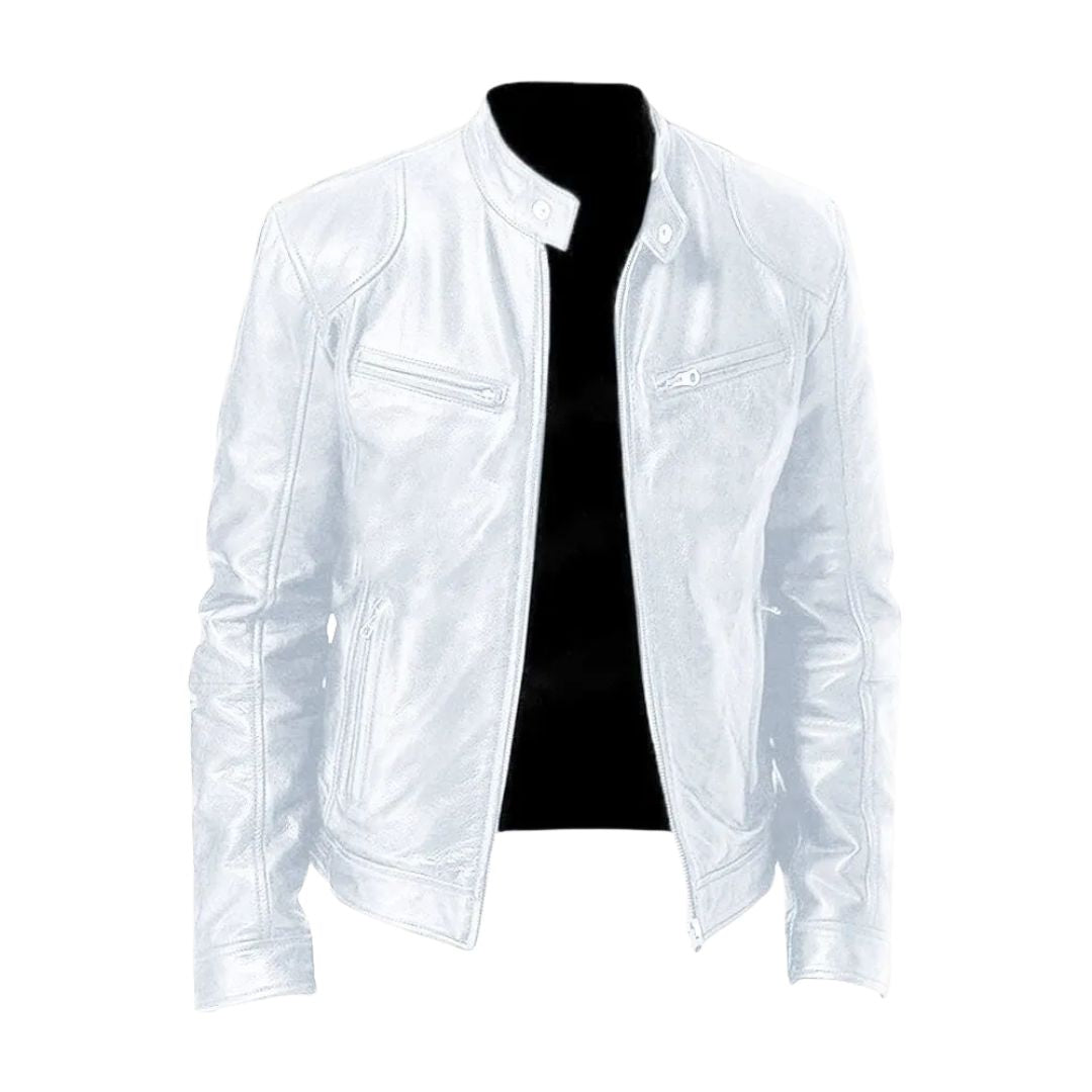 A grey Alden men's leather jacket paired with denim, perfect for a rugged yet stylish ensemble.