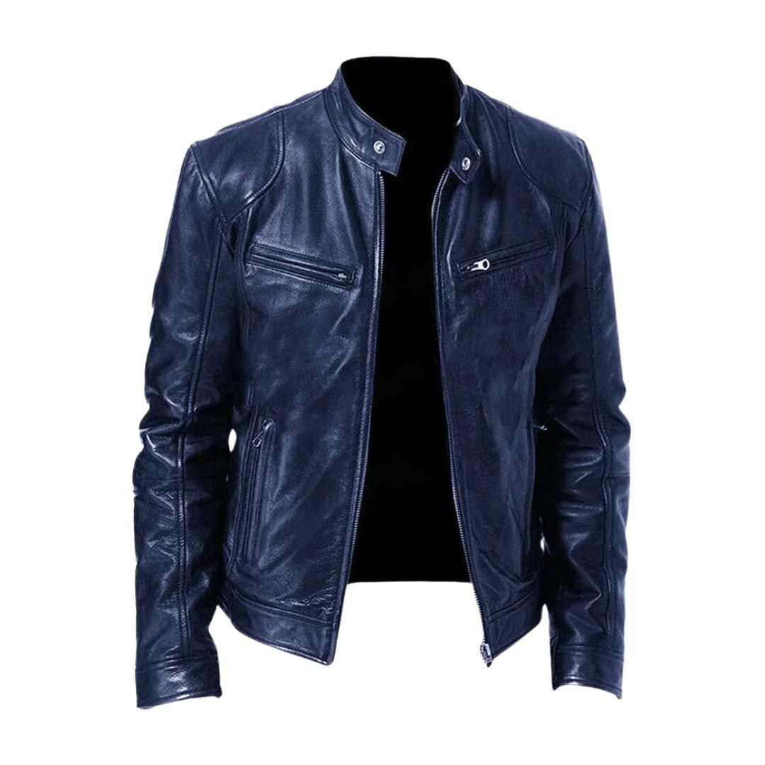 White Alden leather jacket displayed against a contrasting background, highlighting its striking appearance.