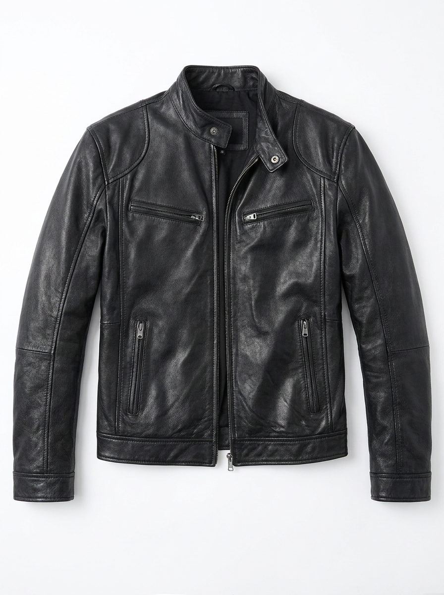 Close-up detail of the collar and zipper on a dark green Alden men's leather jacket, emphasizing craftsmanship.