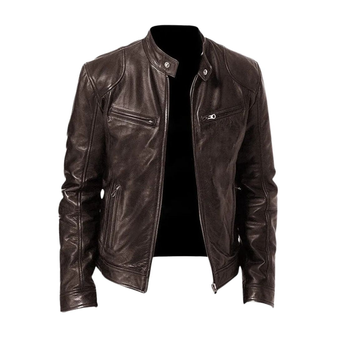 Texture shot of the khaki Alden leather jacket material, revealing the fine grain of the premium leather.