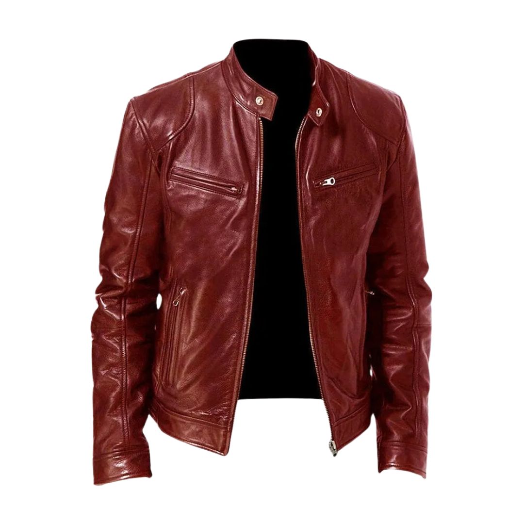 Front angle of a white Alden leather jacket, showcasing its clean lines and modern aesthetic.