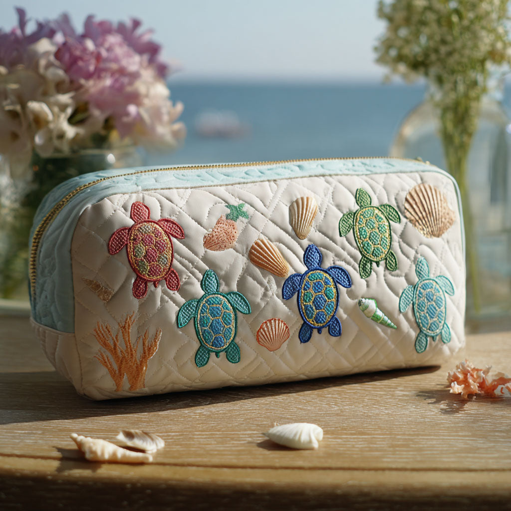 Elegant Anouk quilted cosmetic organizer in ispirazione marina print, showcasing its textured fabric and secure zipper closure.