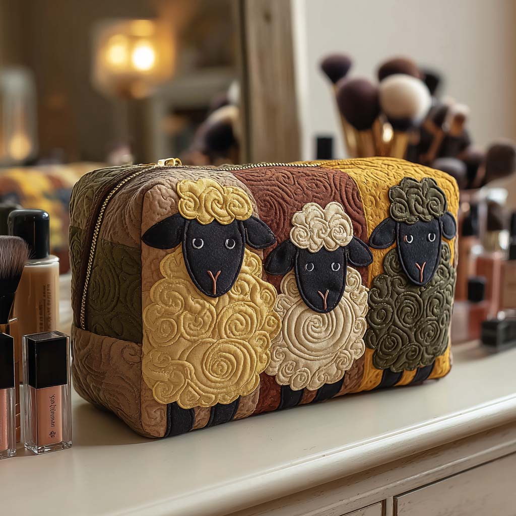 Anya quilted cosmetic organizer in a soft, textured fabric with a charming sheep print, displayed open to show its spacious interior.