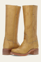 Front view of Calandra classic western boots in light brown, showcasing mid-calf height and stitching.
