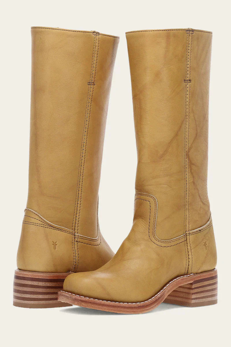 Front view of Calandra classic western boots in light brown, showcasing mid-calf height and stitching.