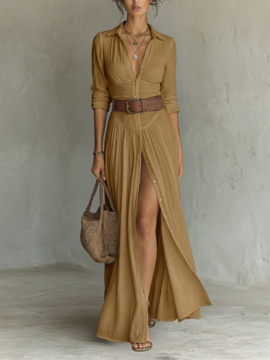 Lifestyle shot of the white Seraphina linen blend maxi dress styled with accessories for a daytime look.