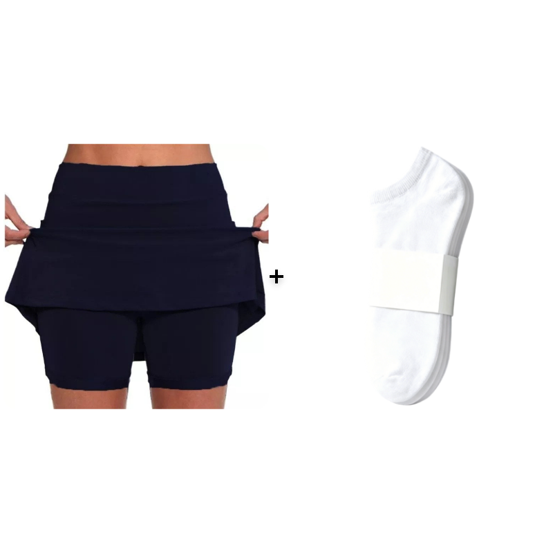Rear view of the navy blue skort, emphasizing its streamlined look and comfortable fit for all body types.