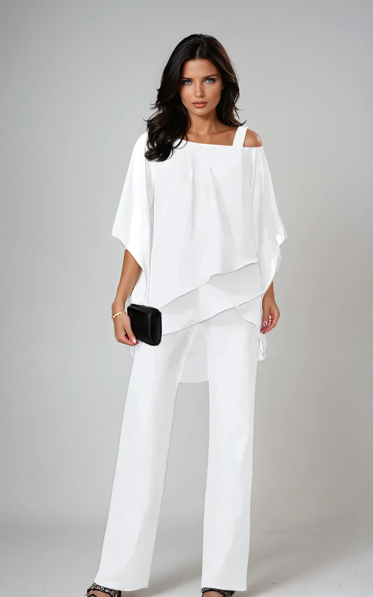 Front view of the flowing Elara two-piece layered set in a vibrant blue color, showcasing its elegant drape.