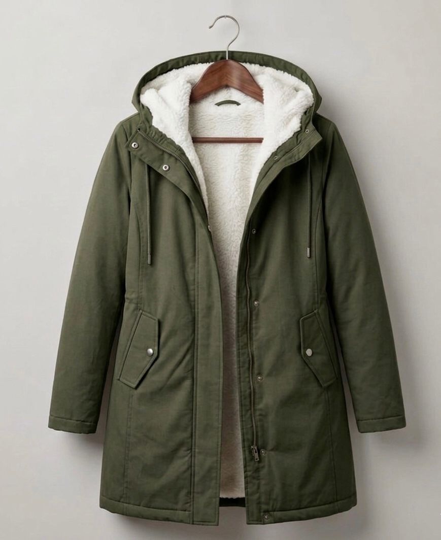 Lifestyle shot of a woman comfortably walking in the Elara parka during a brisk, rainy morning.