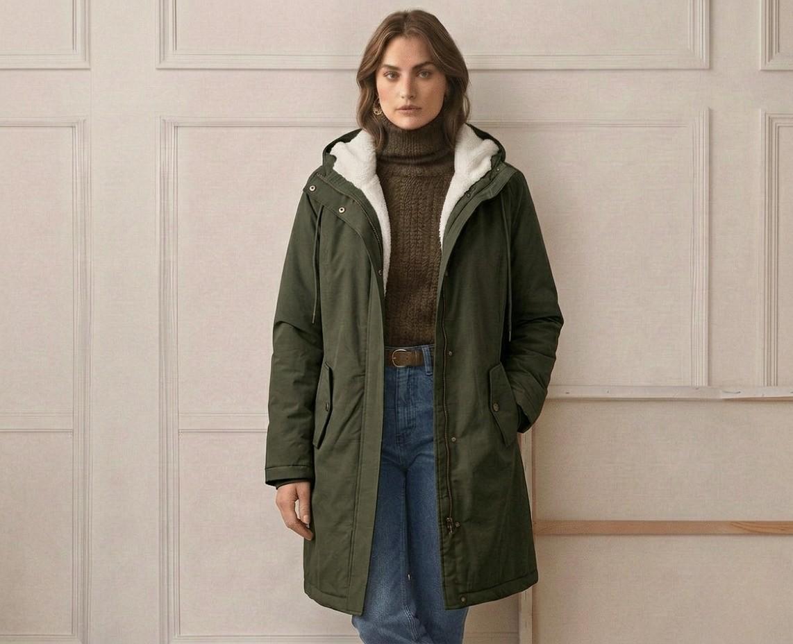 The interior of the Elara waterproof parka, showcasing the full coverage of the high-loft fleece lining.