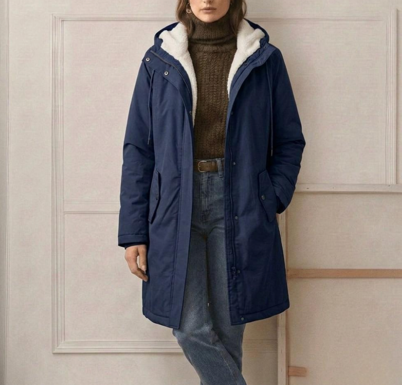 Side profile of the Elara fleece-lined parka, highlighting the length and subtle waist taper for a flattering fit.