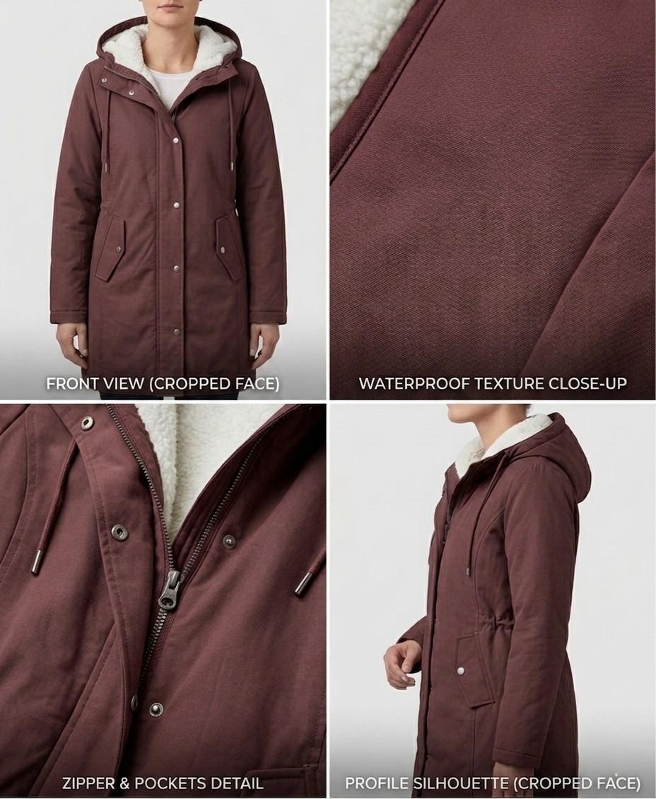 The Elara parka laid flat, displaying the full-length zip and button-down storm flap for wind blocking.