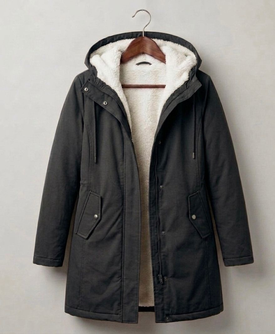 Close-up on the functional storm hood of the Elara parka, designed for comprehensive face and hair protection.