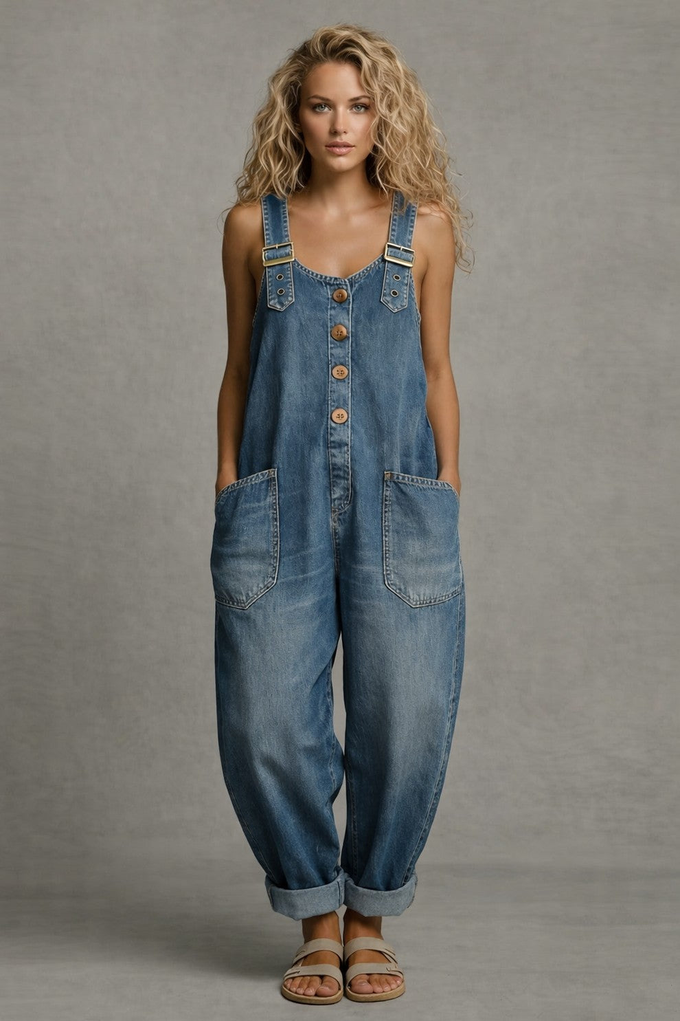 Front view of a Suri chic utility jumpsuit in blue, styled for a casual outdoor setting.
