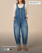 Close-up detail of the square neckline and front button closure on the utility jumpsuit.