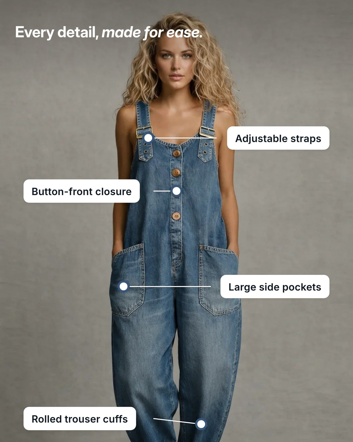 Detailed view of the large, functional pockets on the relaxed fit jumpsuit.