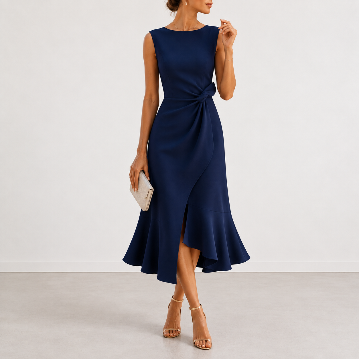 Side profile of a woman wearing a sienna draped midi dress, highlighting the graceful rounded neckline and defined waist detail.