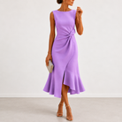 Back view of the elegant draped midi dress, showing the smooth fabric and subtle silhouette from behind.