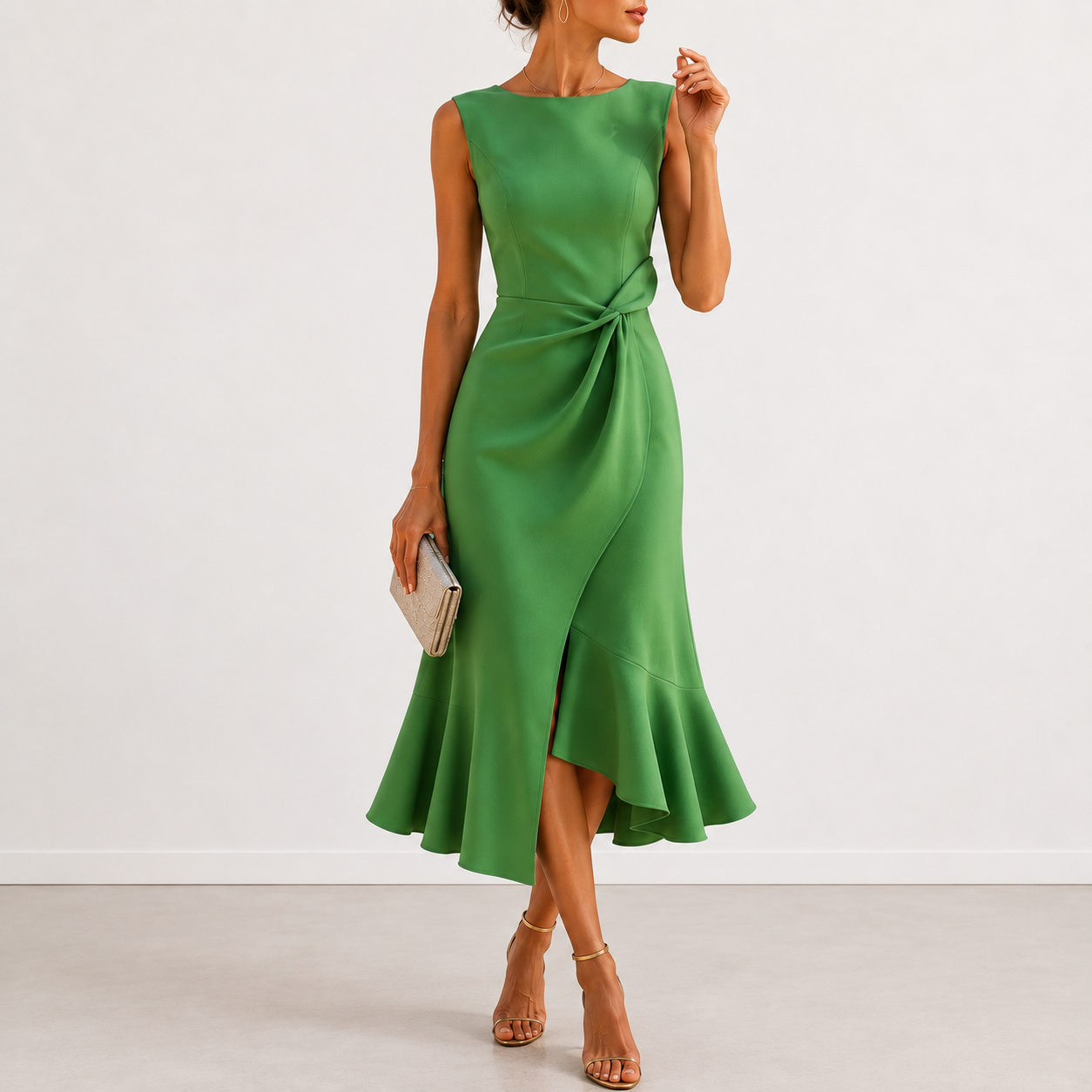 Model posing in a navy blue draped midi dress, demonstrating its comfortable fit and refined style for special events.
