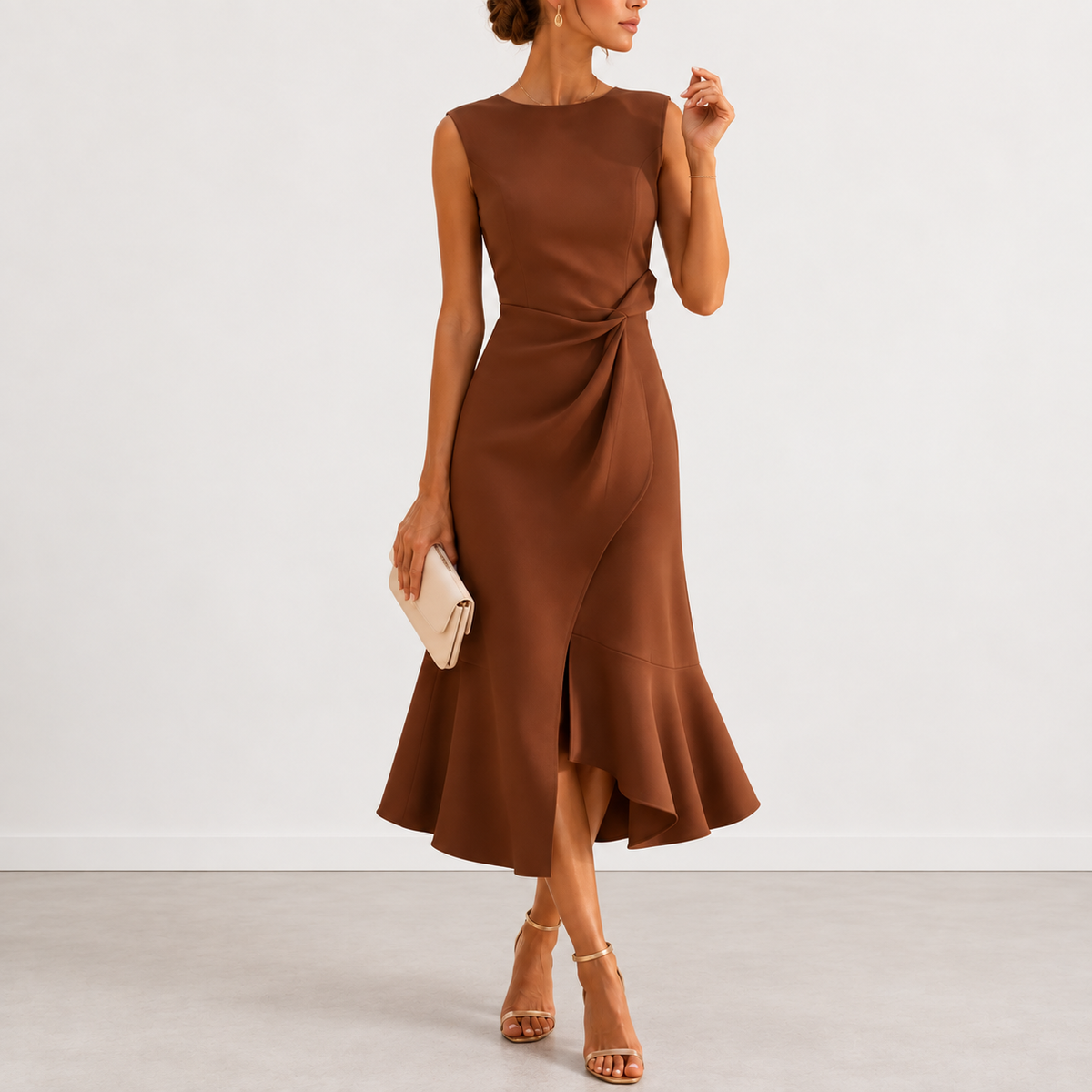 Woman walking in a light green draped midi dress, showing the graceful movement of the asymmetric flared hem.