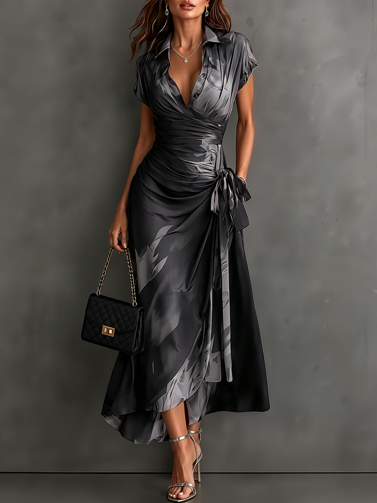 White abstract pattern maxi dress styled for a wedding guest, demonstrating its versatile elegance.