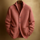 Close-up of the shawl collar and three-button closure detail on the Florian men's cardigan, highlighting craftsmanship.
