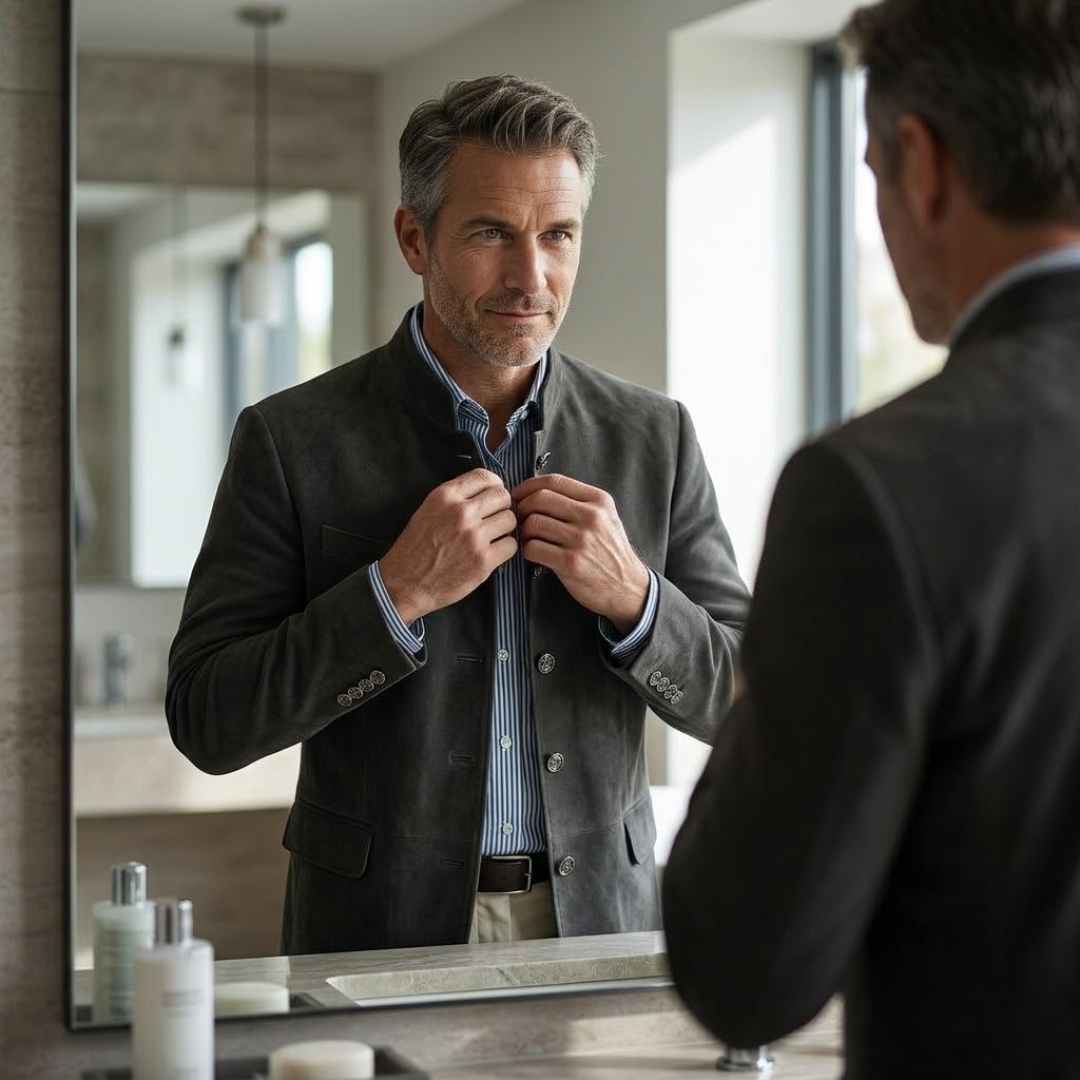 Side profile of a man wearing the Florian tailored formal blazer, highlighting the impeccable fit and clean lines.