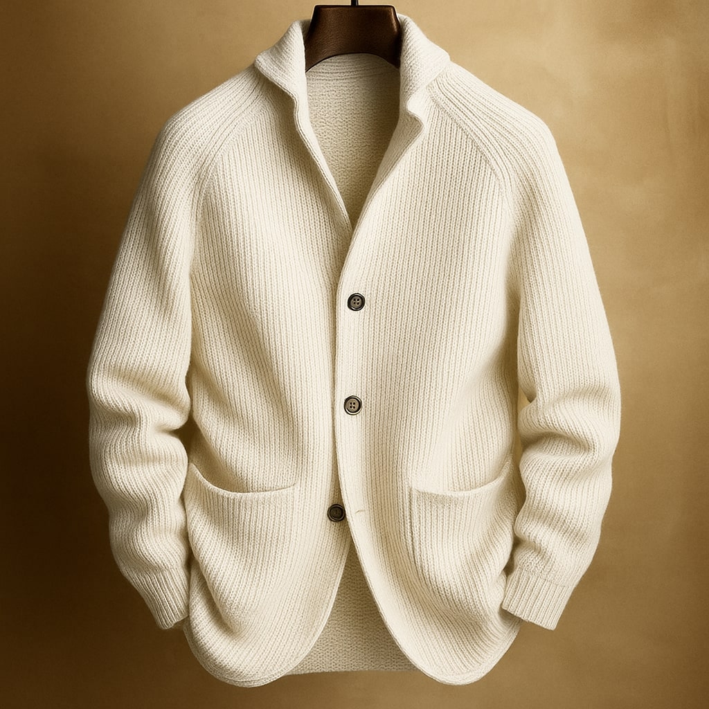 Side profile view of the Florian wool blend cardigan, draped smoothly, emphasizing the relaxed yet structured fit.