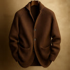 Back view of the men's wool blend cardigan, showing the consistent ribbed pattern and overall drape of the garment.