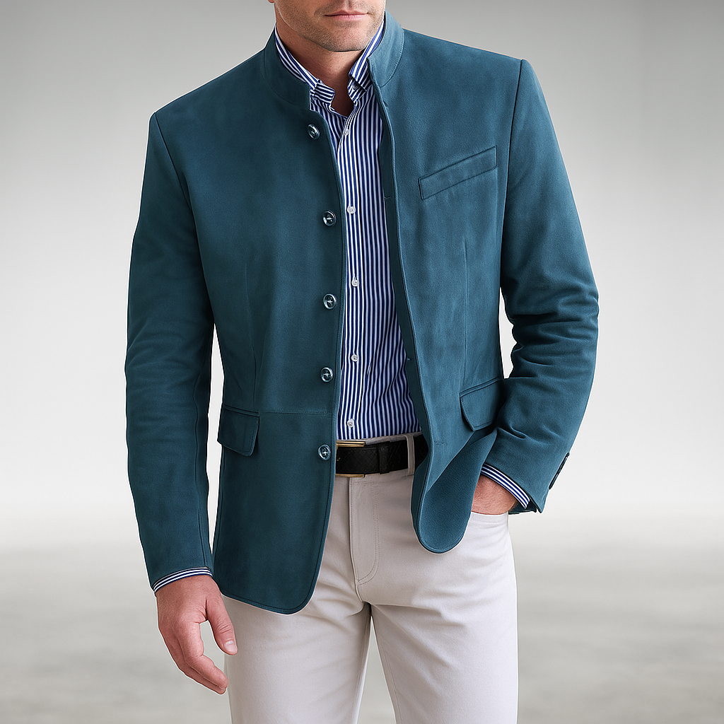 Back view of the Florian tailored formal blazer, showing the smooth drape and construction details from behind.