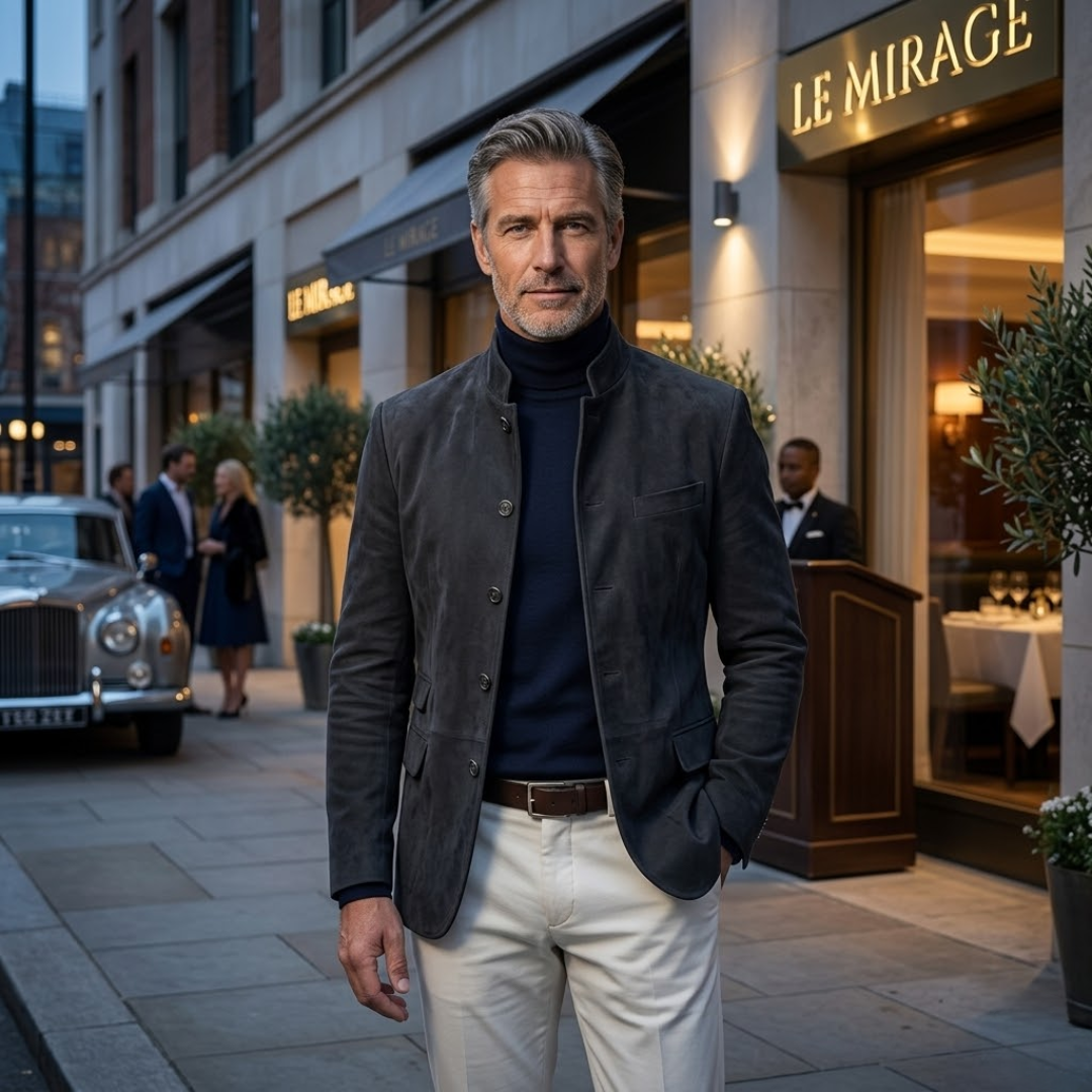 Full-body shot of a man confidently posing in the yellow Florian tailored formal blazer, making a bold statement.