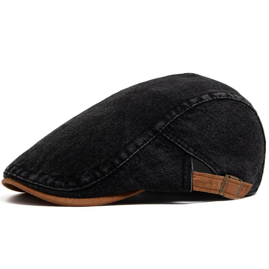 Detail of the internal lining and stitching of the premium denim flat cap, indicating craftsmanship.