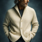 Folded Florian cardigan, neatly presented to show the quality of the material and its compact storage potential.