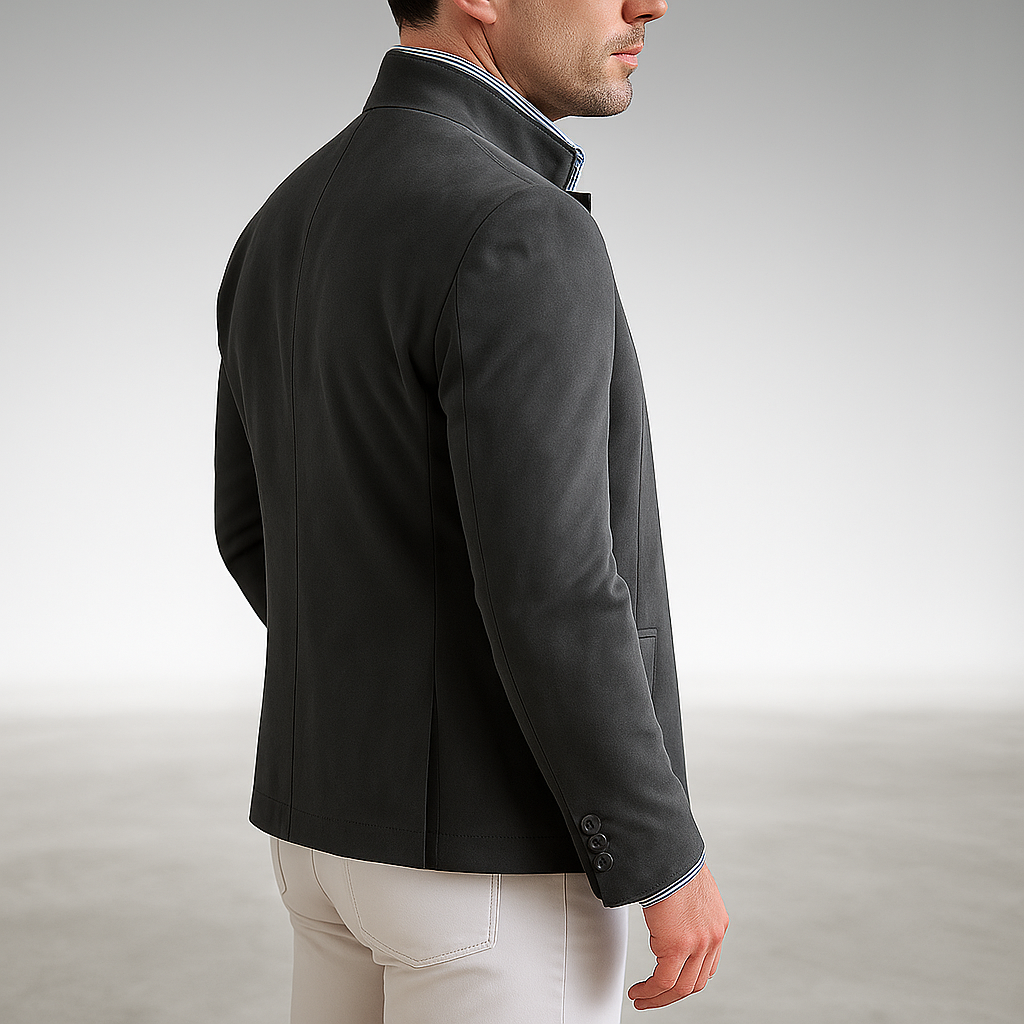 Three Florian tailored formal blazers in grey, navy, and yellow, neatly arranged, showcasing the color options.