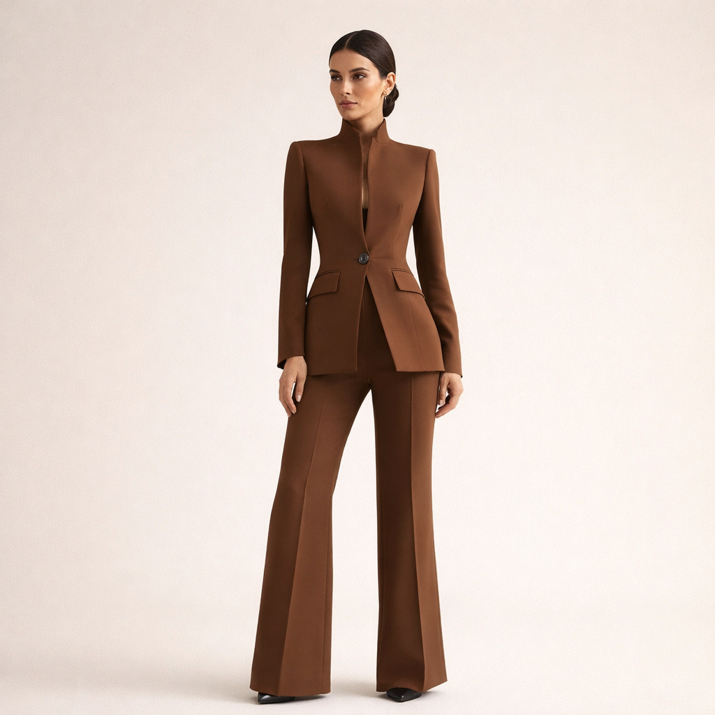 Full-length view of the versatile elegant tailored pants, paired with a matching top.