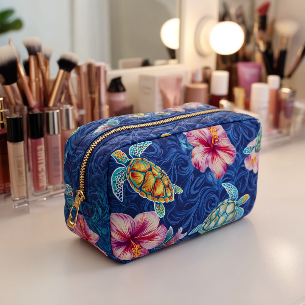 Front view of a Hazel handmade quilted cosmetic bag in a vibrant sea turtle pattern, showcasing its elegant texture and secure zip closure.