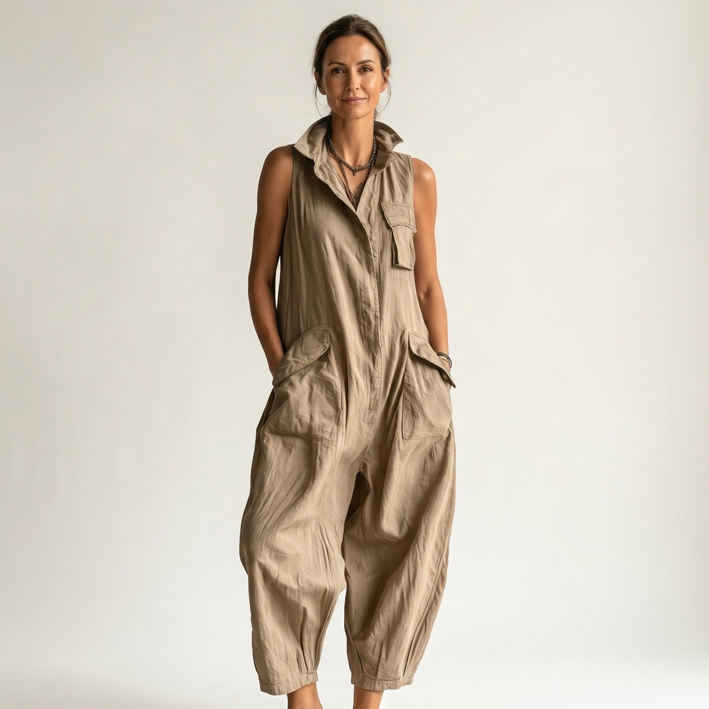 Model wearing the khaki sleeveless jumpsuit in a casual outdoor setting, demonstrating its comfort.