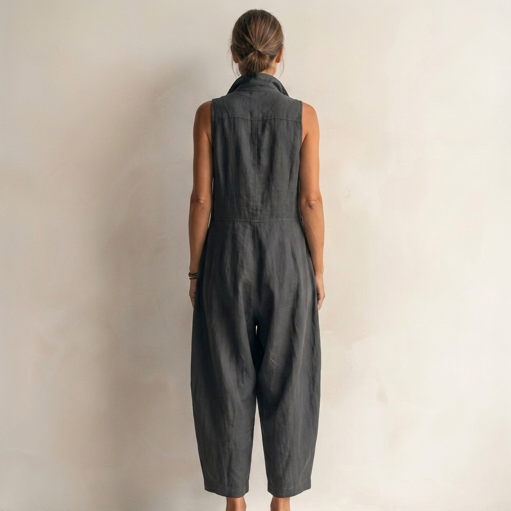 Rear view of the black sleeveless jumpsuit, emphasizing the clean lines and relaxed fit.