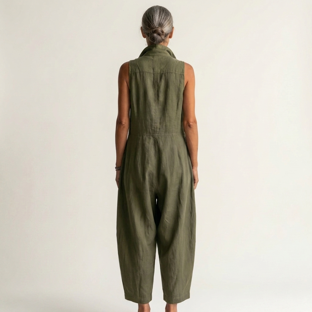 Full-length view of the khaki sleeveless jumpsuit, illustrating its versatile and effortless appeal.