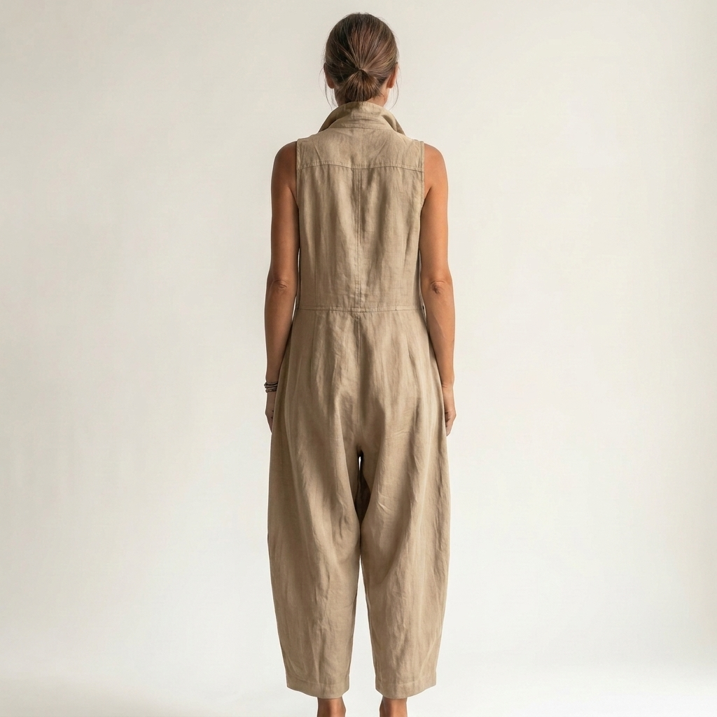 Detailed shot of the olive sleeveless jumpsuit's hip pocket and fabric texture.
