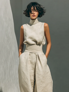 Side profile of women's wide-leg trousers, highlighting the relaxed silhouette and high fixed waistband.