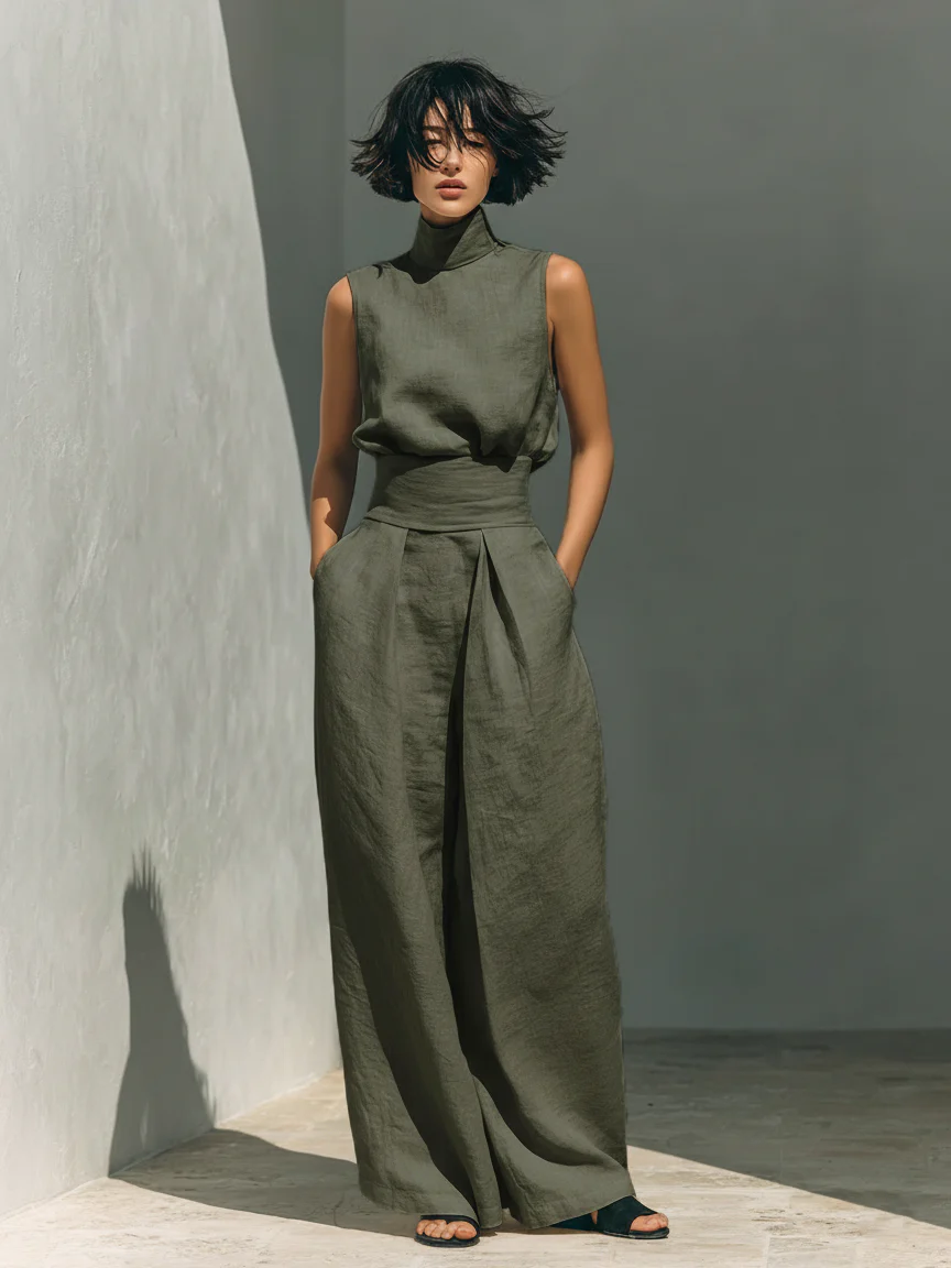 Professional studio shot of the blush pink wide-leg trousers, highlighting the breathable fabric texture.
