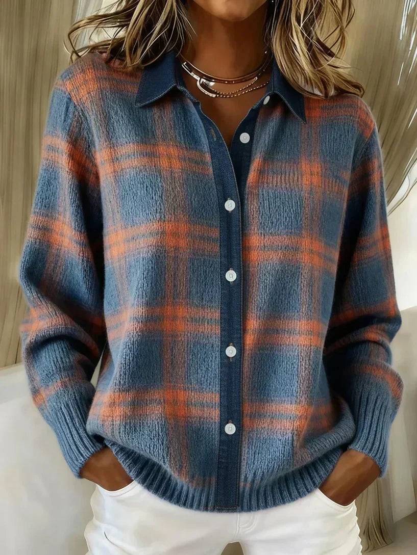Front view of an Inez button-up cardigan in a vibrant orange shade, showcasing its relaxed drape.