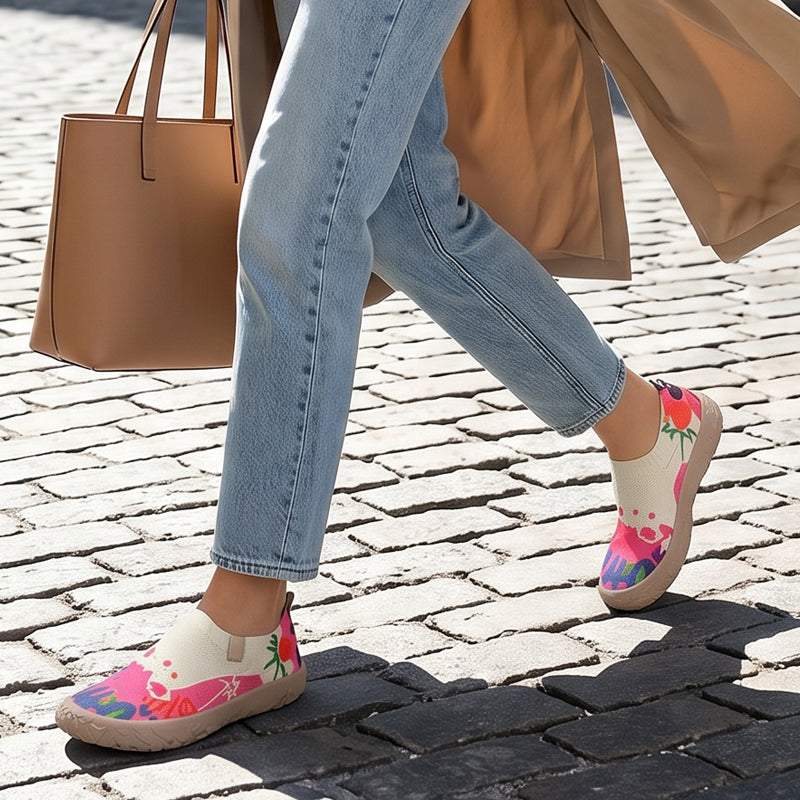 A person wearing the Inez artistic slip-on shoes, demonstrating their comfortable and casual fit.