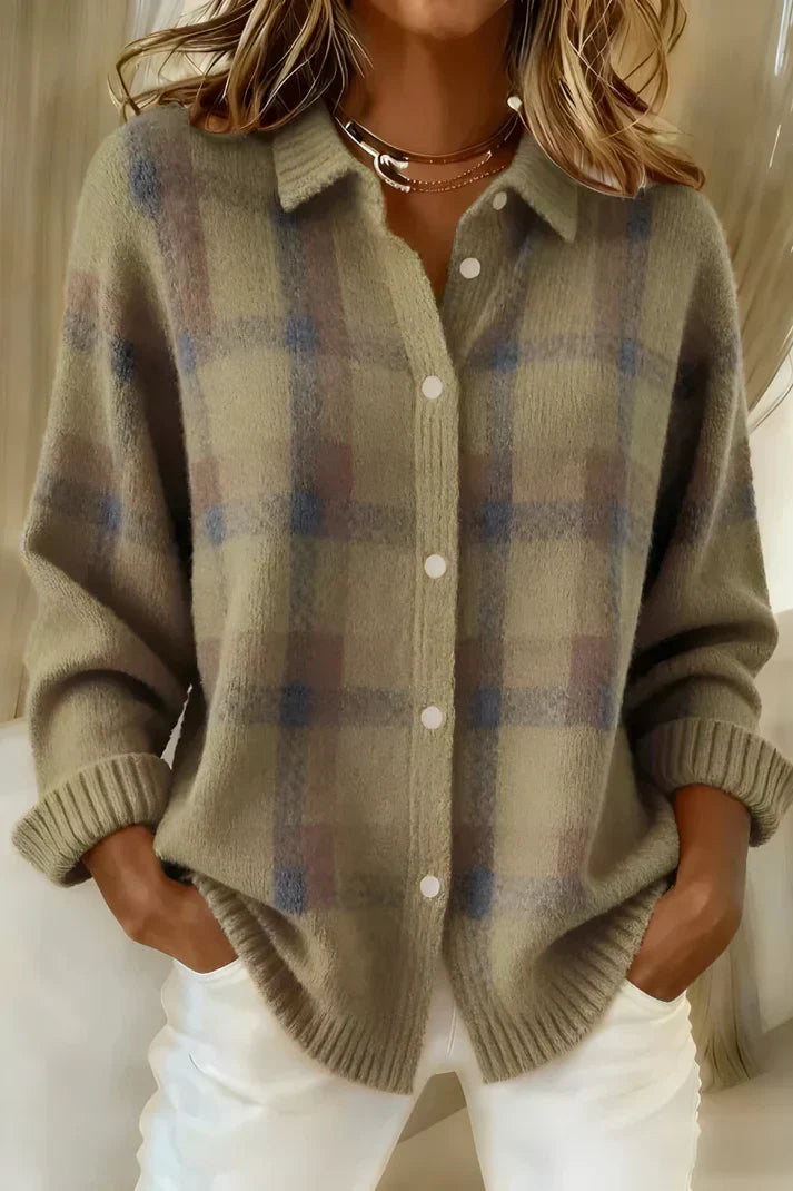 Model wearing an Inez button-up cardigan in blue, styled casually for a comfortable look.